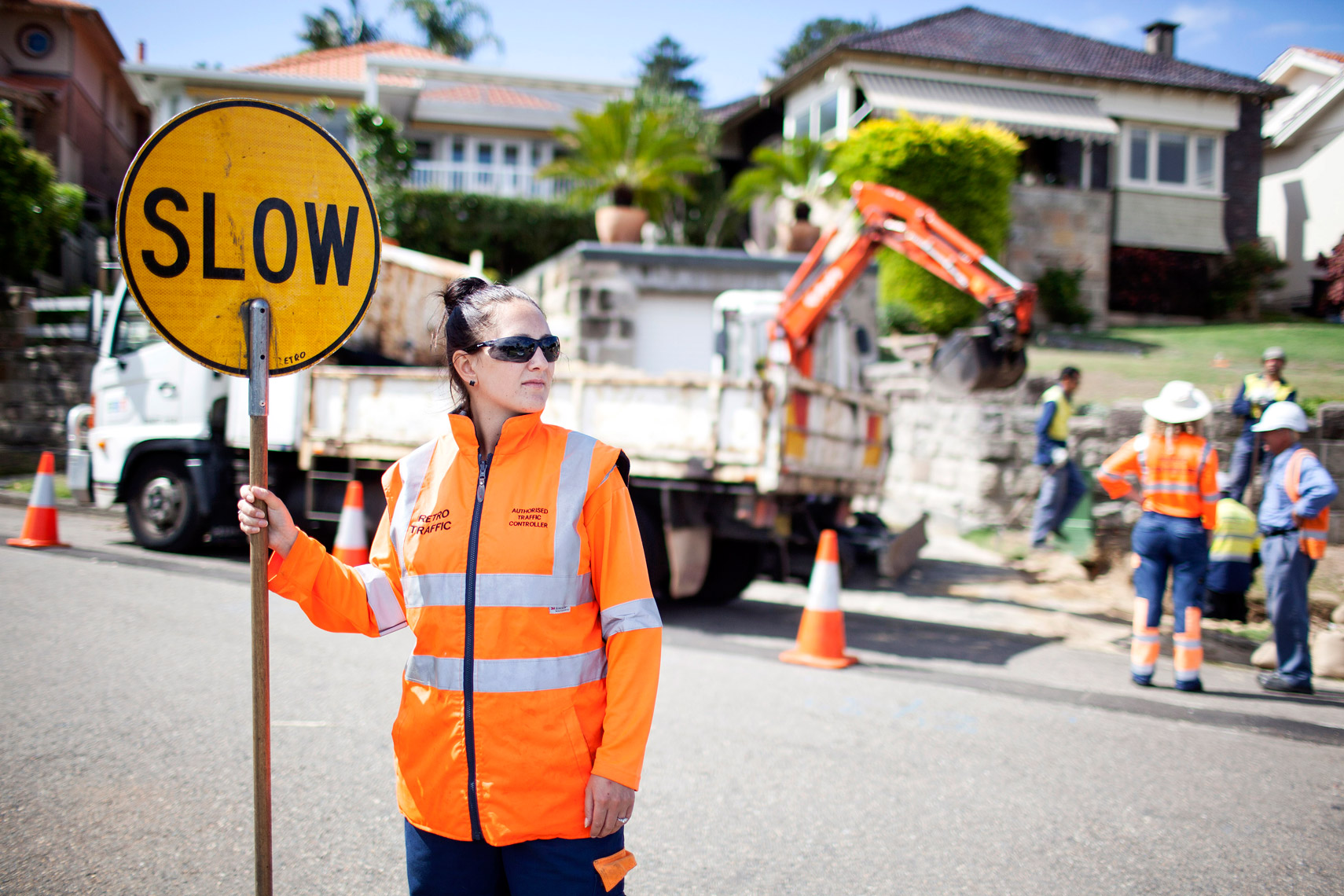 16/1/2012. Irish Traffic Controller Girls. Pictured working on Olphert ave, Vaucluse, Sydney is traffic controller Leann Power From Kildare, Ireland. Leann ran a newsagency in Ireland before coming to Australia. Picture James Horan 

Contact- 0410122523 Leann.power@gmail.com
